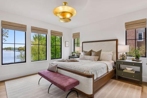 Award-winning primary bedroom. 1st Place Traditional Primary Suite 2024 Midwest Design Awards. Incredible views!