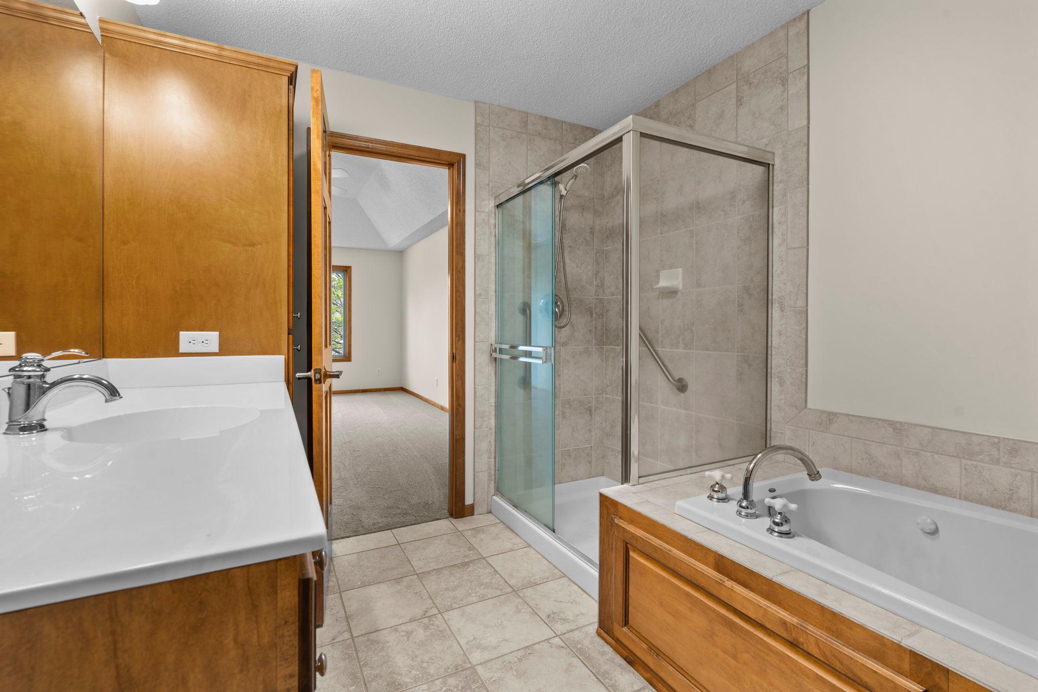 Primary with private bathroom. Seperate shower and soaking tub.
