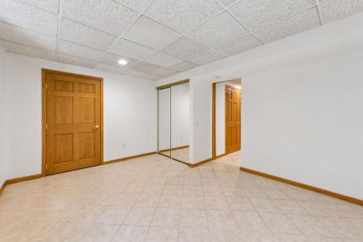Third bedroom on the lower level, with closet and access to additional storage room that could be turned into a walk-in closet.