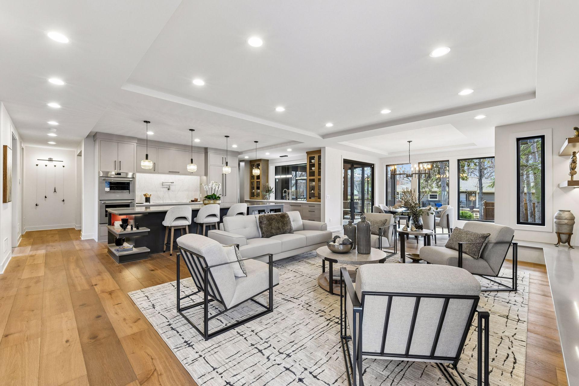 Open & spacious kitchen, great room & dining area.