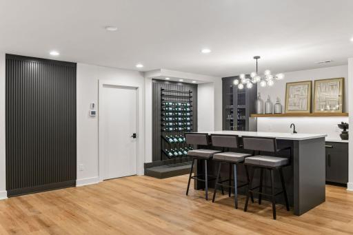 Lower level center island, wine storage & wet bar.
