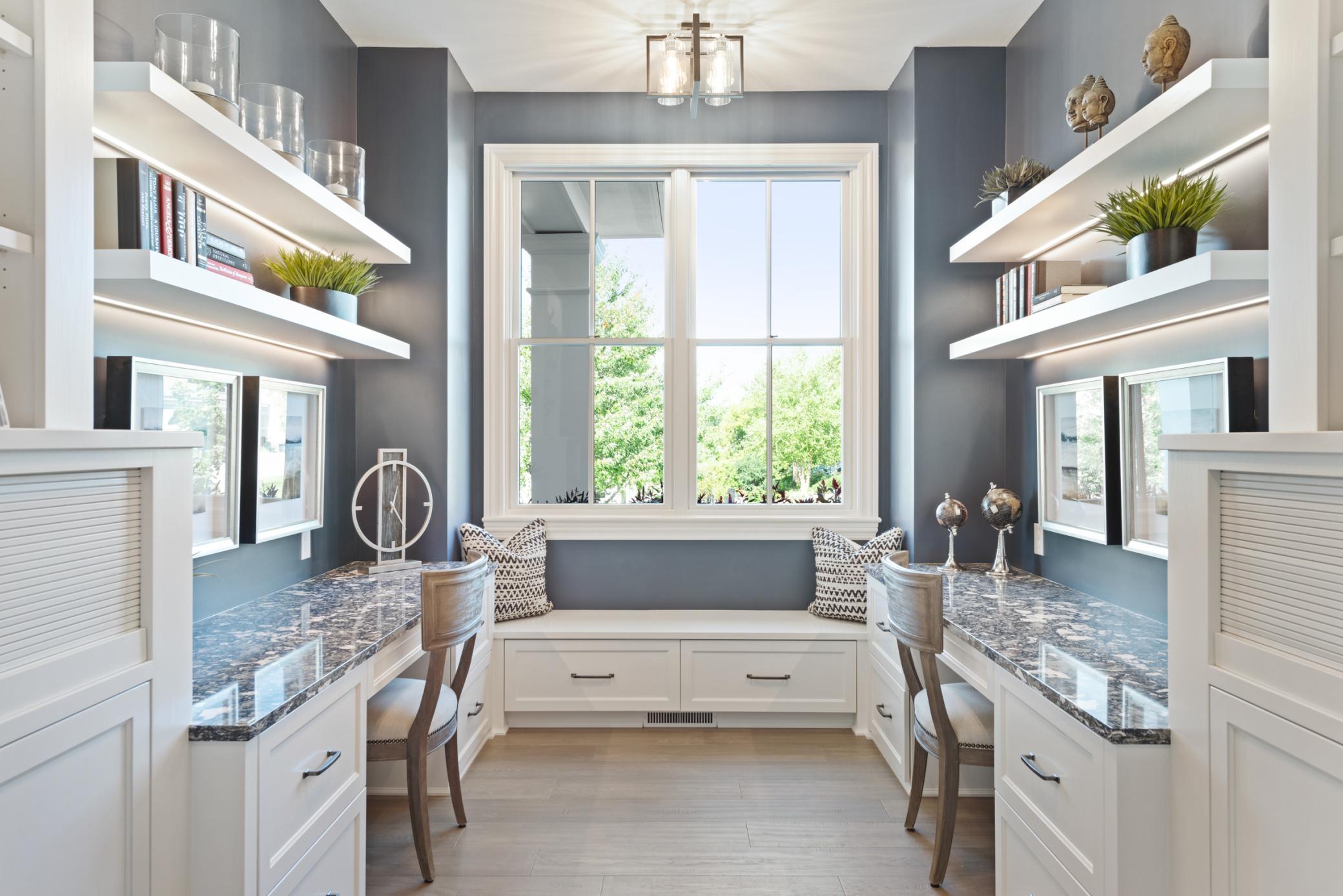 Main floor office with built-in bench seating to take in the views