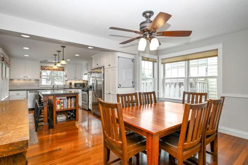 Looking from the dining area into the kitchen
