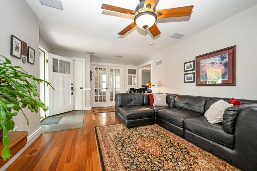 Looking from living room to the French doors of the office