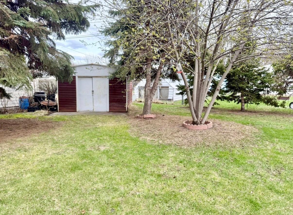 Fenced yard with shed