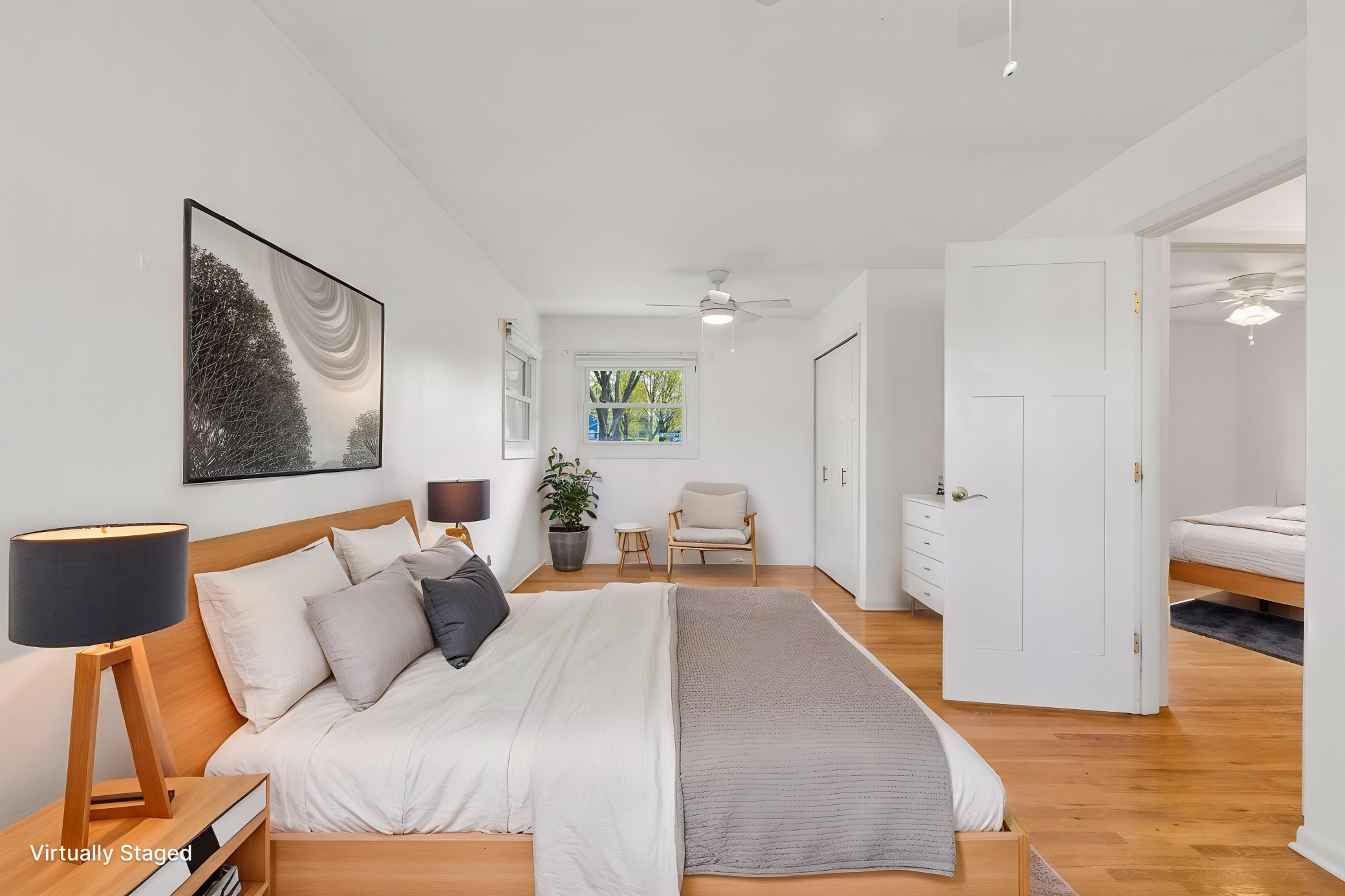 Virtually staged primary bedroom.