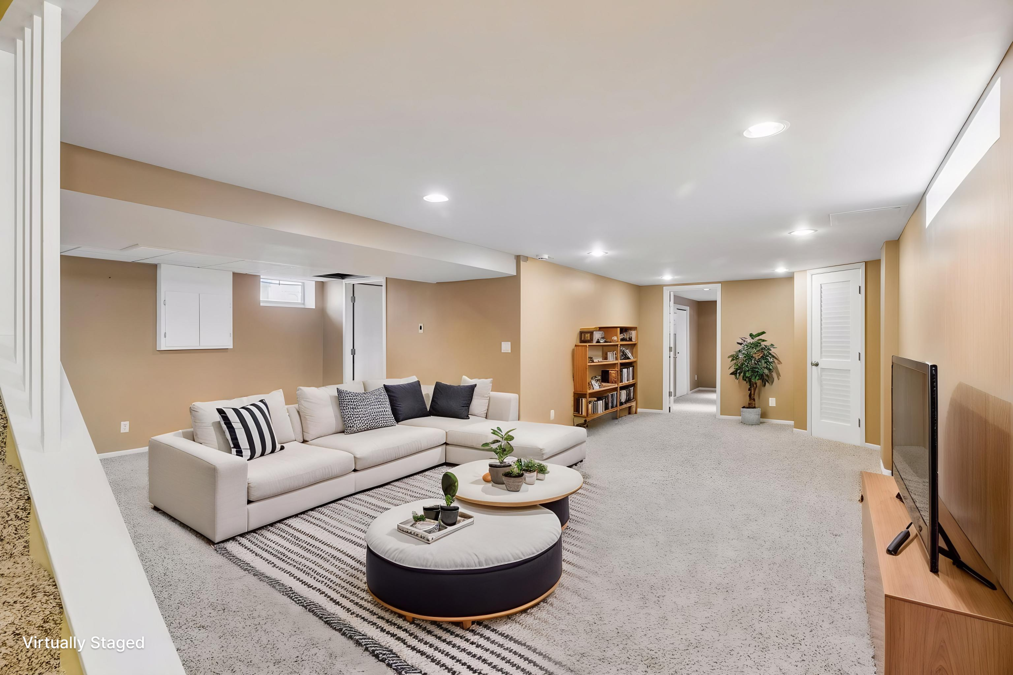 Virtually staged family room.