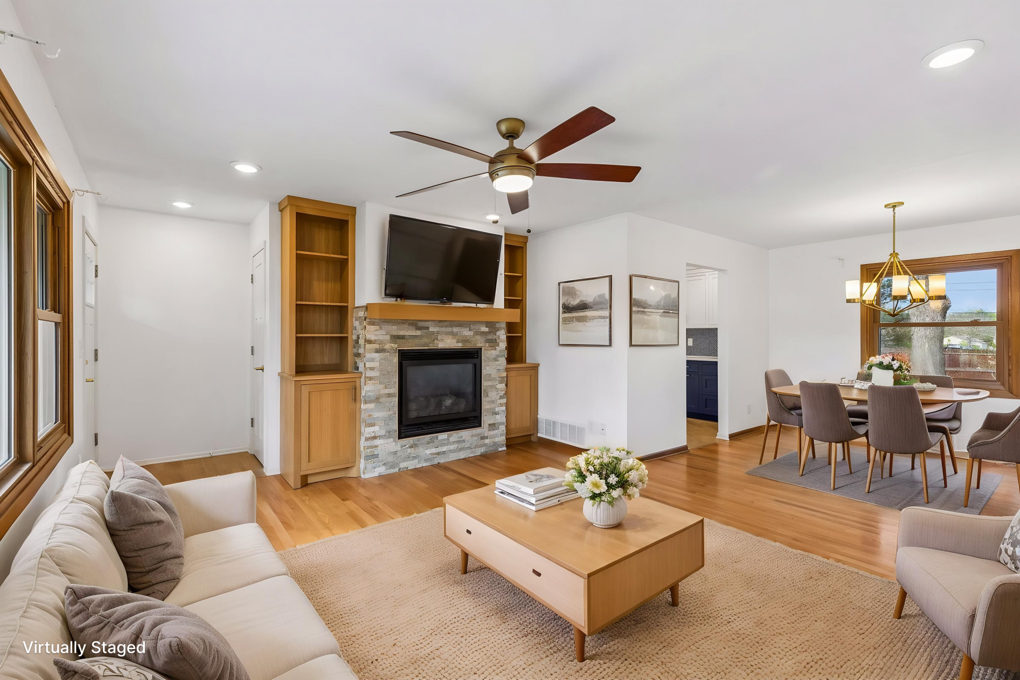 Virtually staged living/dining room.