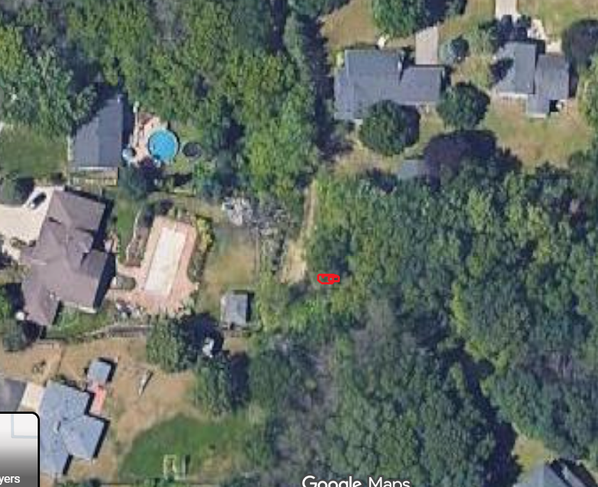 Aerial before trees cleared, red dot marks location of the lot.