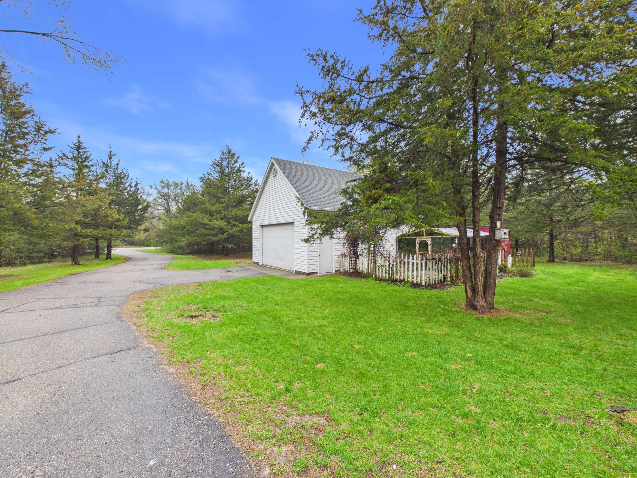 Garage view down driveway