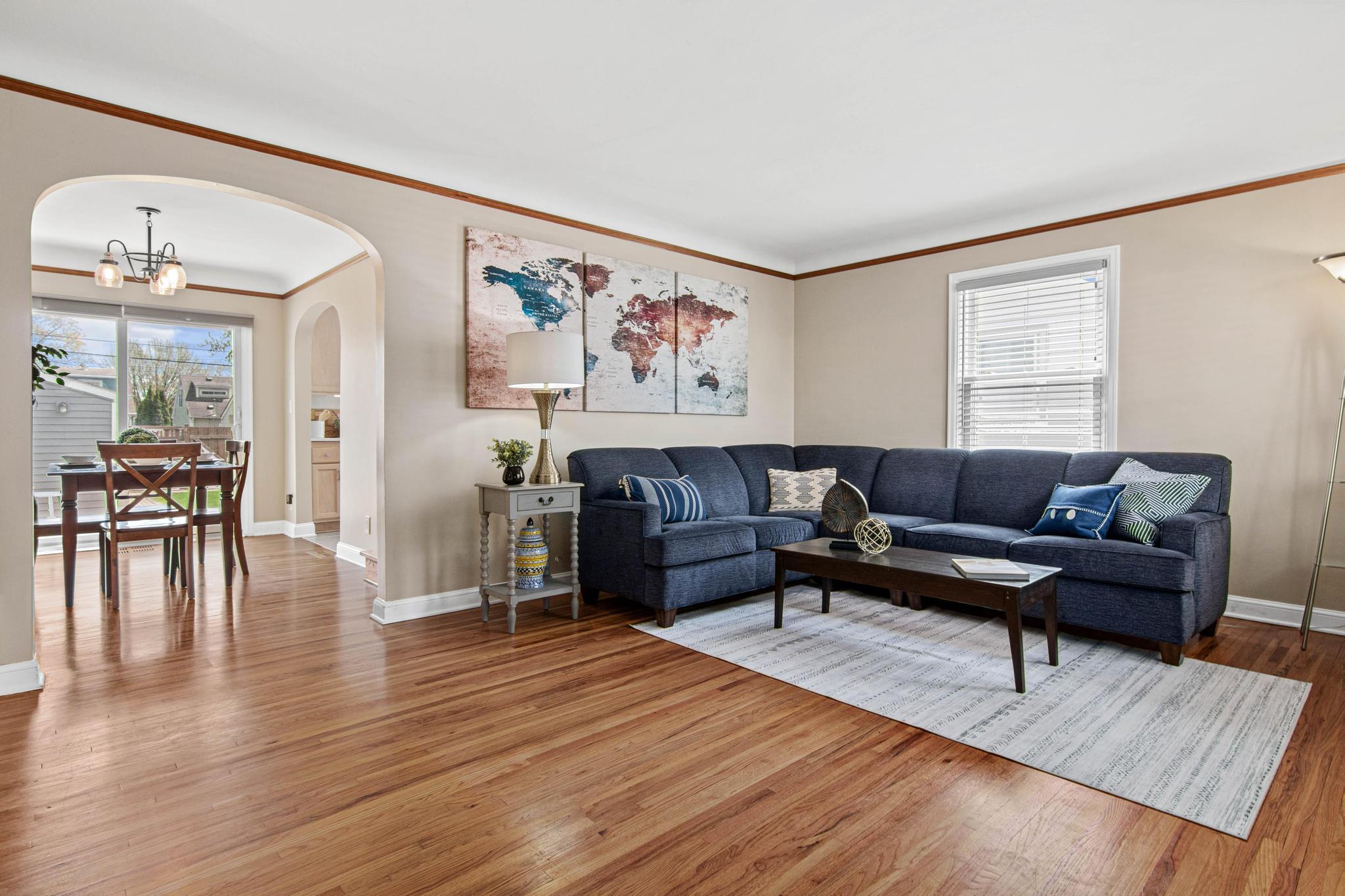 Spacious Living Room and gleaming hardwood floors