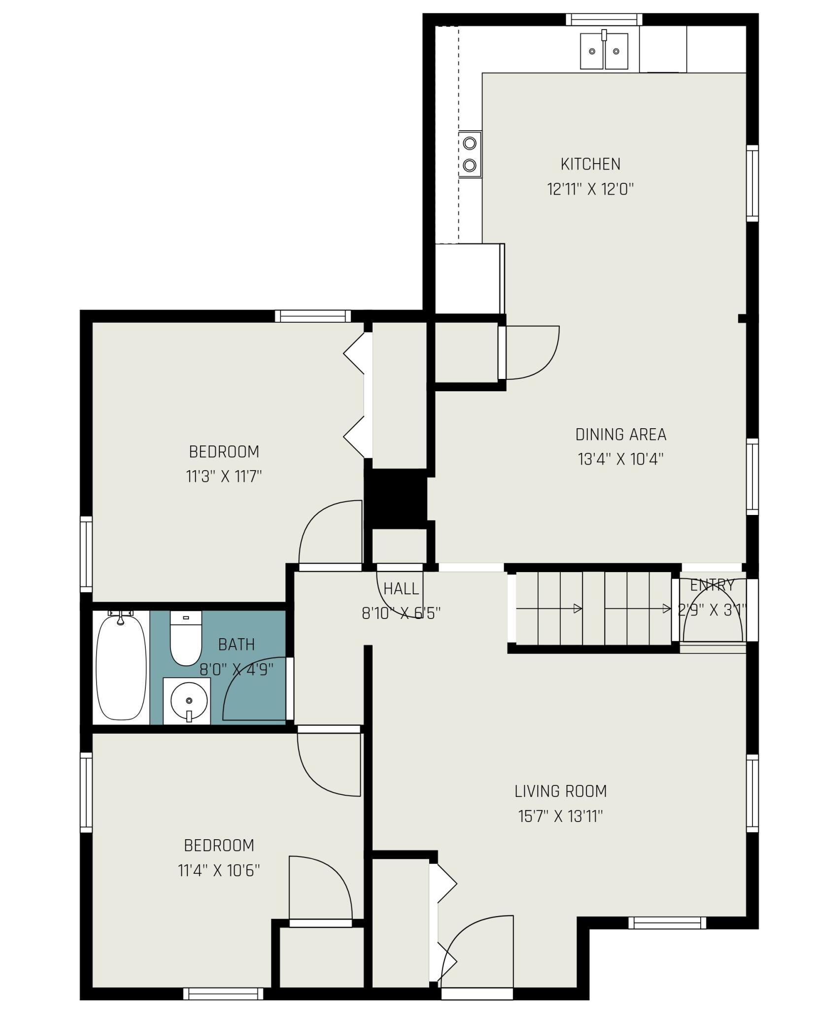 961 Finished Sqft | Main level floor plan — 961 finished sq ft, two bedrooms, full bath, open kitchen/dining layout