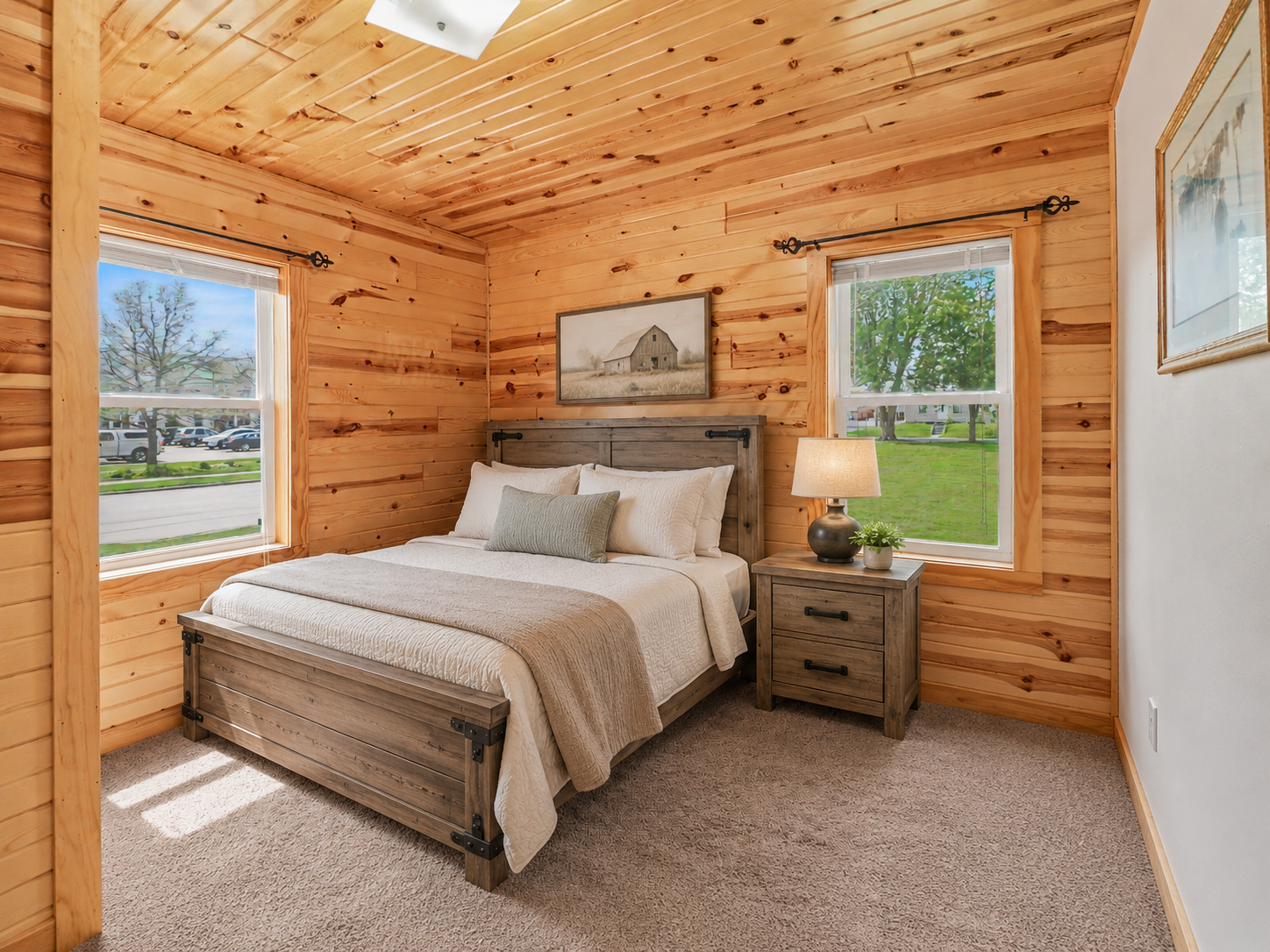 Main floor bedroom with tongue-and-groove pine walls and ceiling — Montgomery MN homes for sale (virtually staged to show potential)