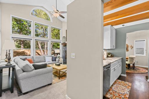 Large newer windows, vaulted ceilings, skylights and open beamed kitchen.