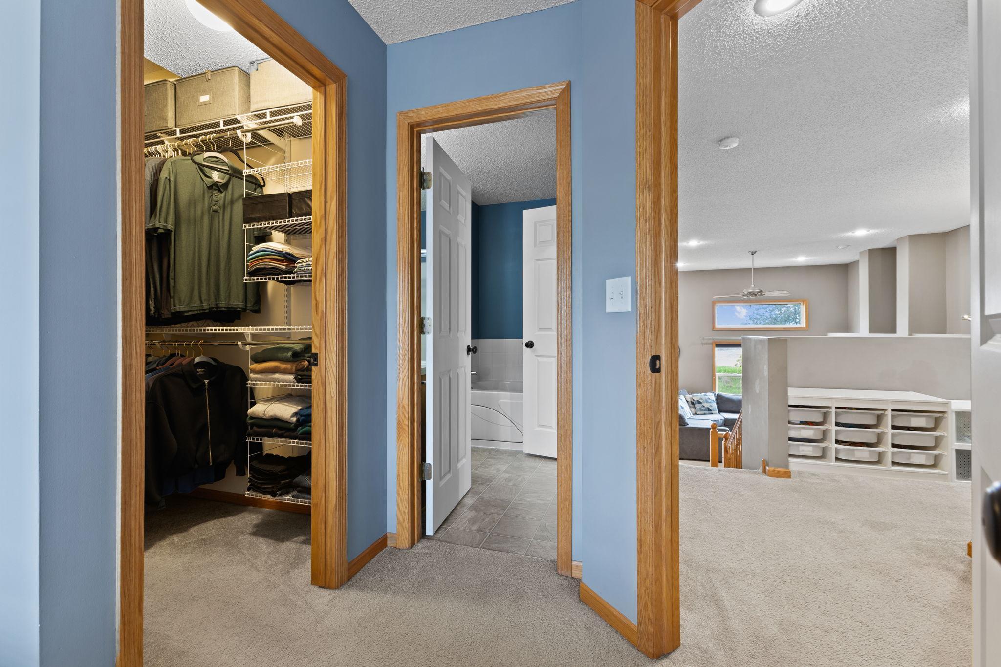 There are two entrances to the upper level bathroom for convenience.