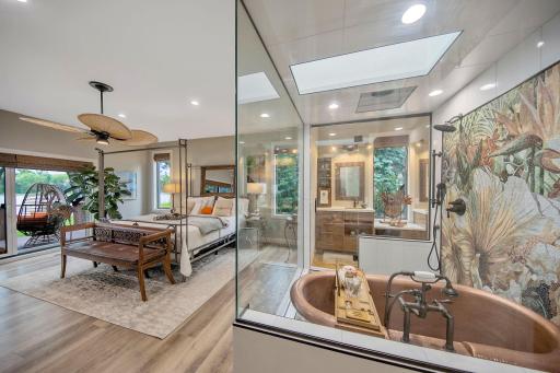 The owners suite is a true Zen like retreat where you can unwind after a long day! Features include a marble surround fireplace, sliding doors to private deck, natural palm ceiling fan and baboo blinds.