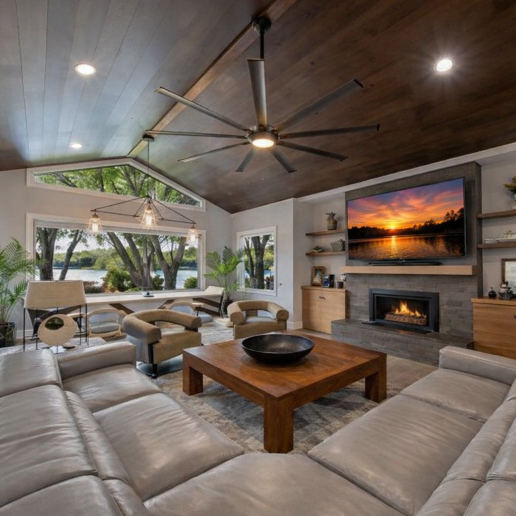Vaulted walnut ceilings and a floor-to-ceiling porcelain-surround fireplace serve as the striking focal points of the open concept Great Room. Expansive oversized windows capture & frame the beauty of the natural surroundings
