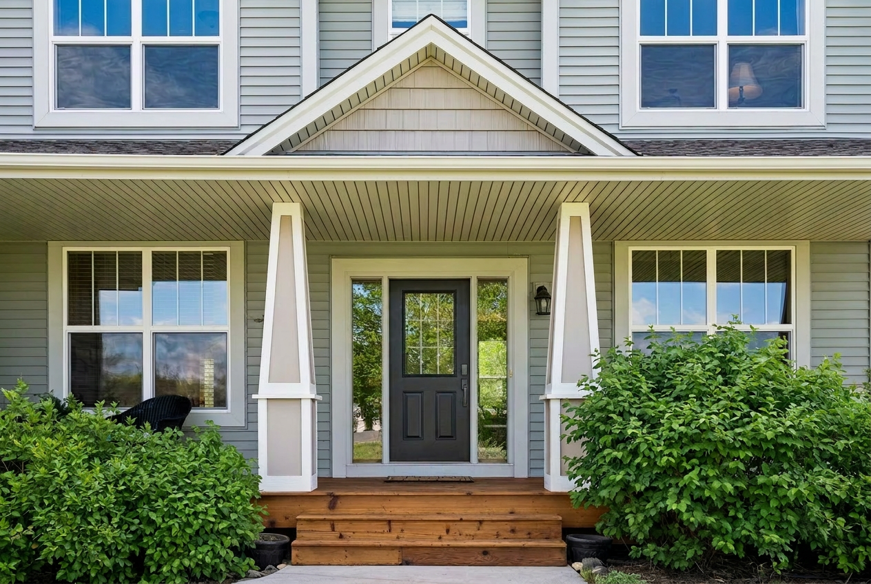 Charming covered front porch with inviting curb appeal and welcoming front entry.