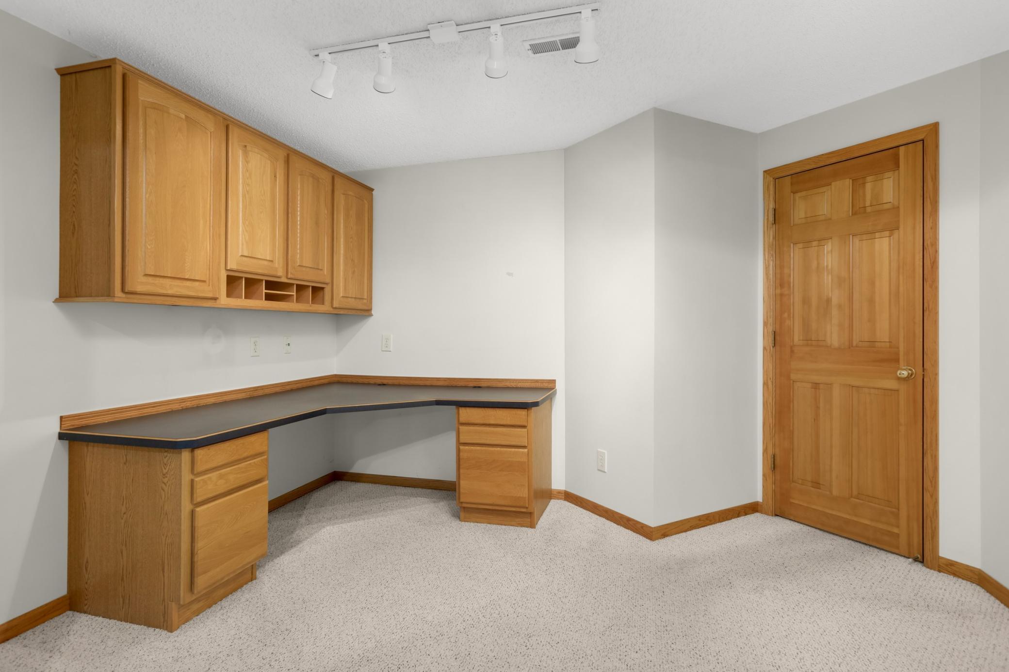 The built-in desk and storage is a perfect place for working from home or working on your next hobby.