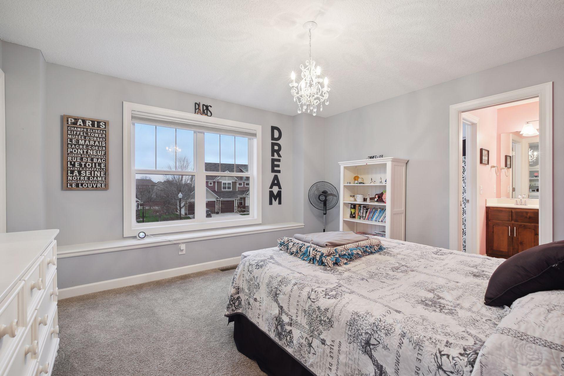 A long window seat is built-in