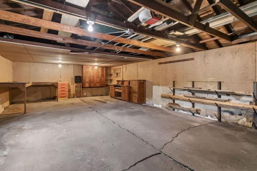 Oversized two-car garage with workbench and storage