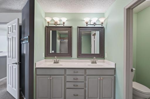 The primary suite with dual sink vanity, separate tub and shower.