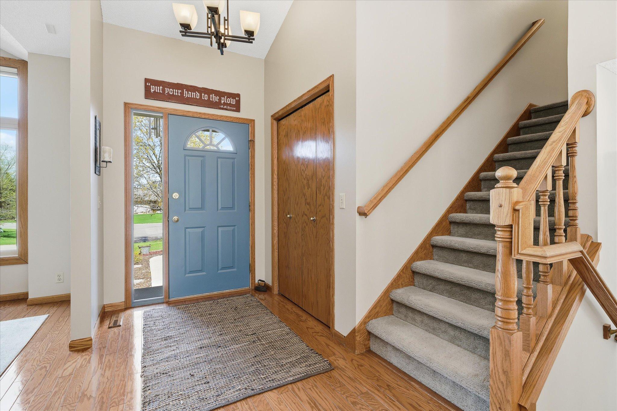 Recently applied neutral paint. An XL coat storage closet. Engineered hardwood floors. Tall, soaring, vaulted ceilings. Beautiful light fixtures. Imagine the way-too-long Minnesota goodbyes and warm, welcoming hello hugs!