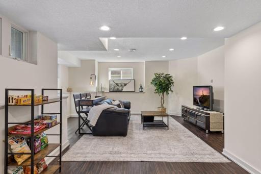 Spacious lower level family room and entertainment area.