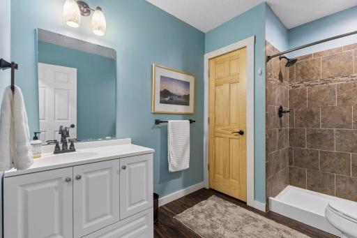Basement 3/4 bathroom with tile shower and linen closet.