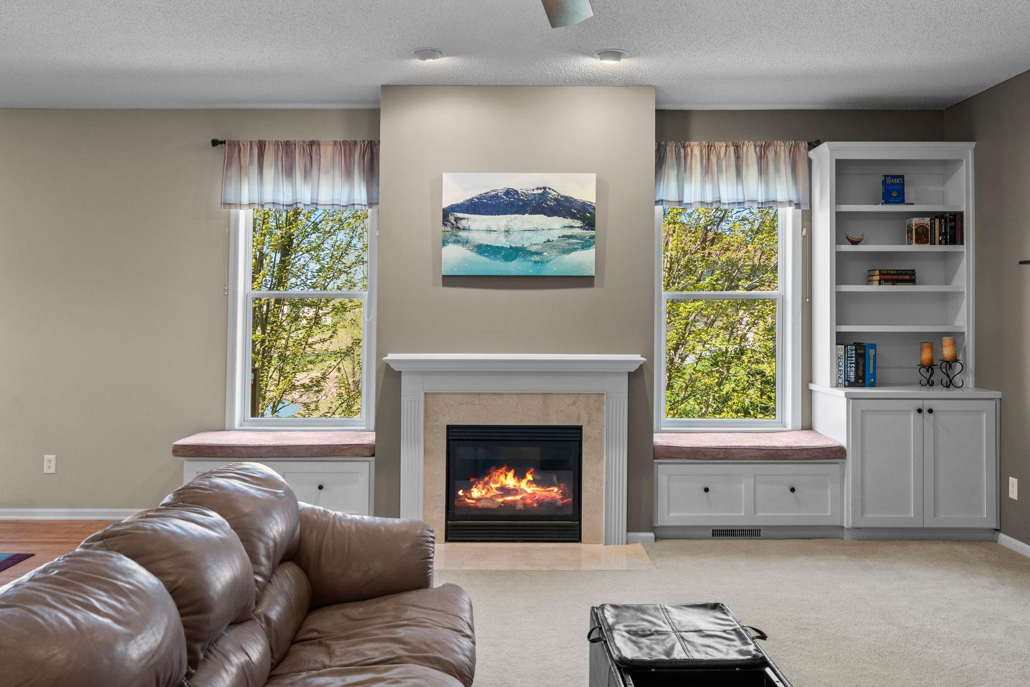Custom built-ins with benches around the fireplace