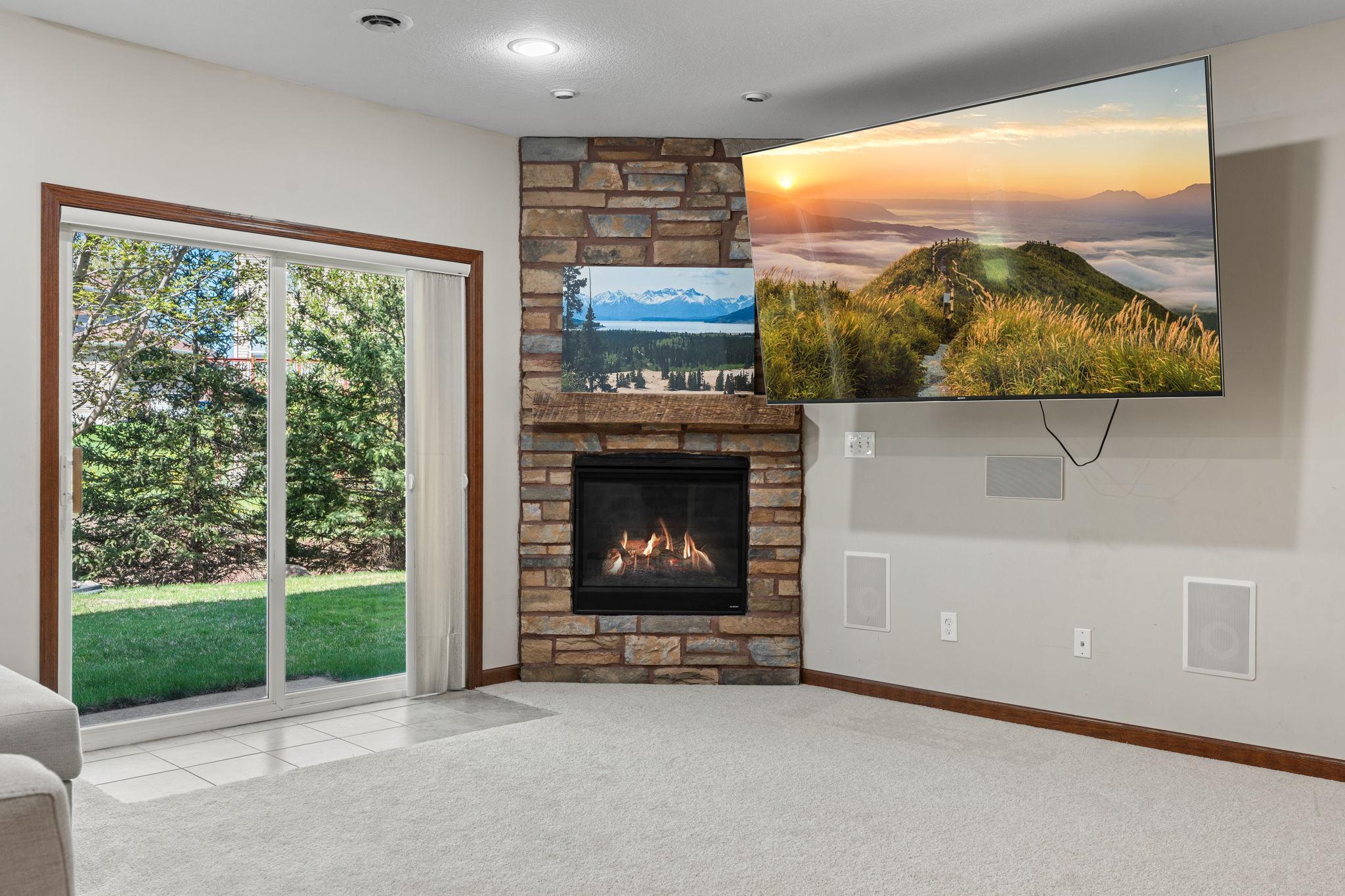 Corner stone fireplace