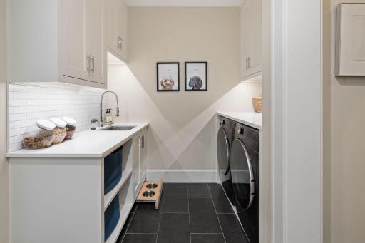Main floor laundry room with retractable pet dish tray
