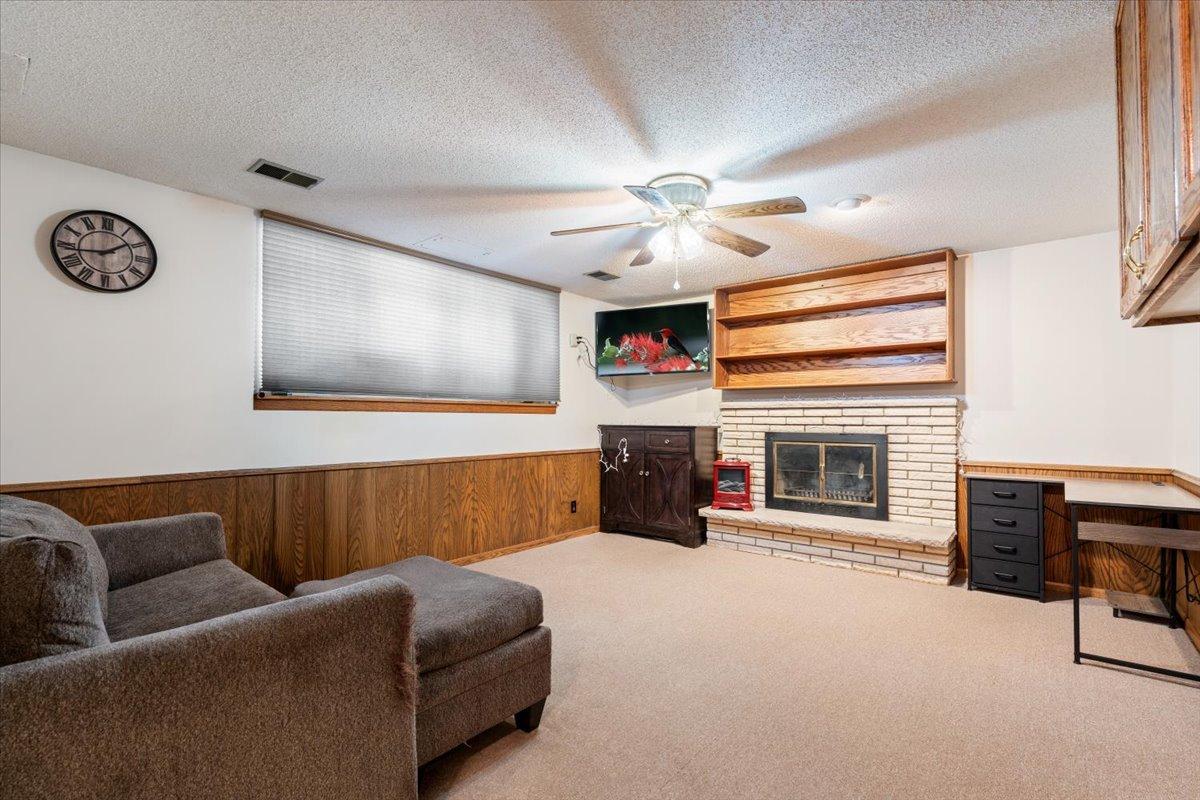 Lower level family room with gas fireplace