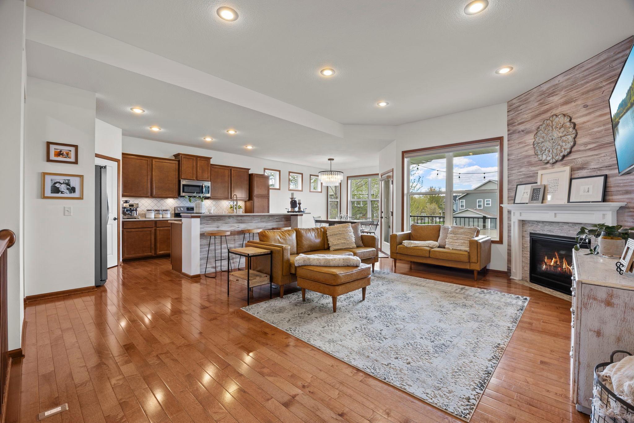 An overview of the open-concept main-level living spaces.