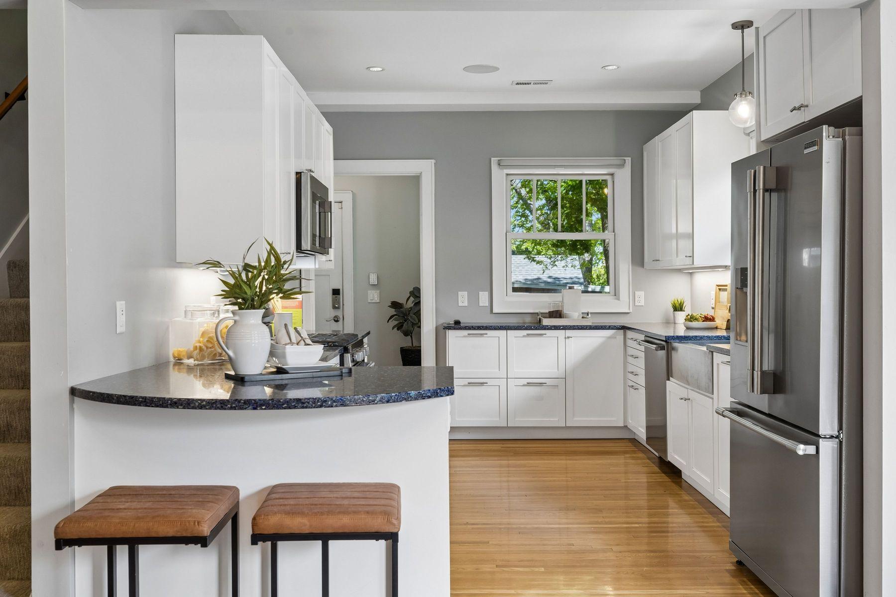 Large kitchen with good prep space and storage