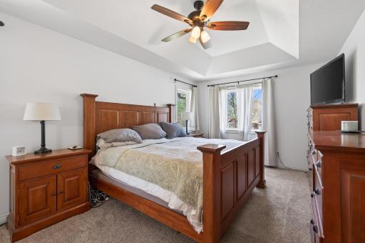 The primary bedroom suite has views towards the lake, neutral carpet and color tones, pan vaulted ceiling and ceiling fan, spacious walk-in closet and access to the private luxury bathroom.