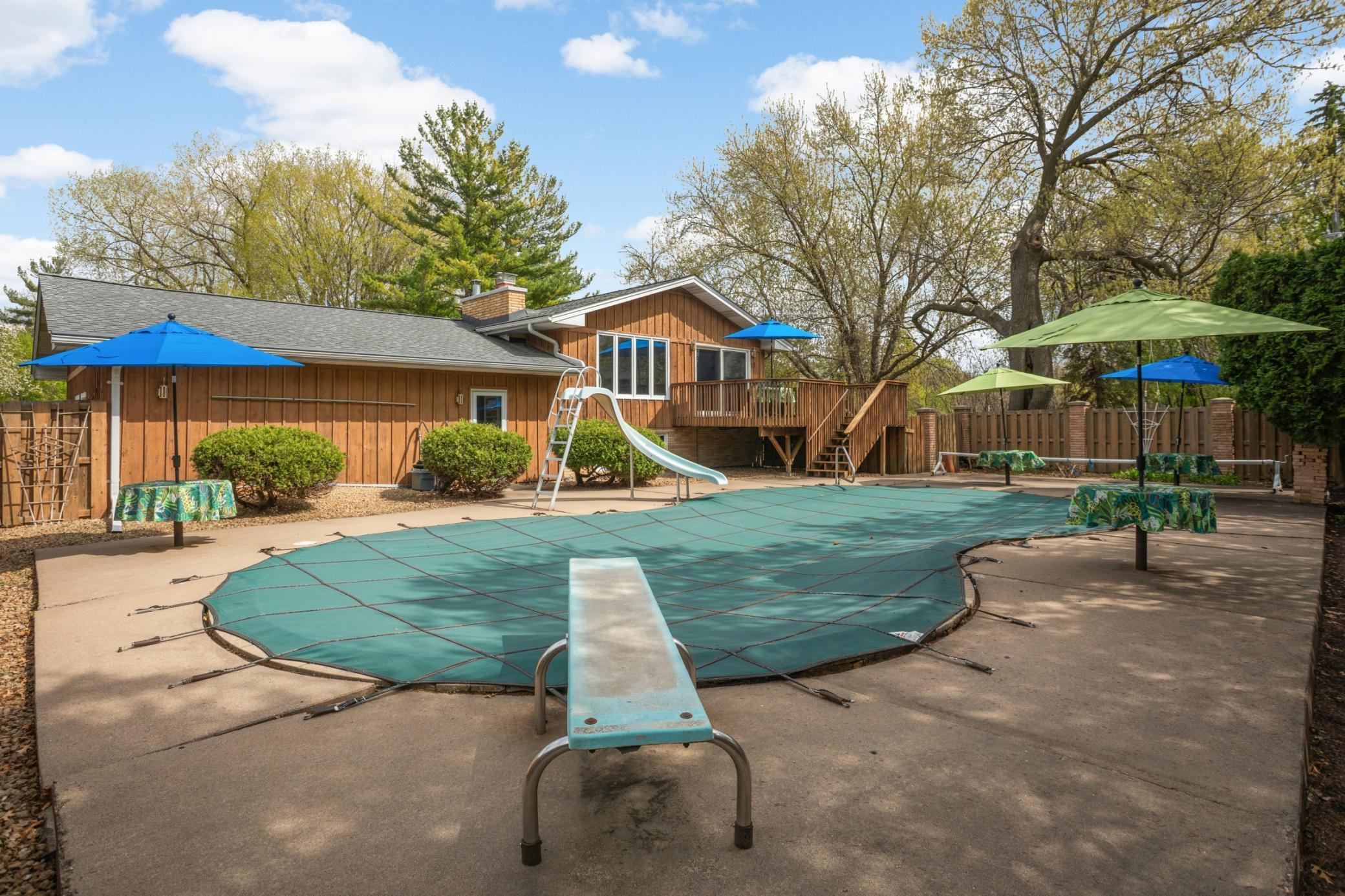 Concrete pool is 3'-9'ft deep.
