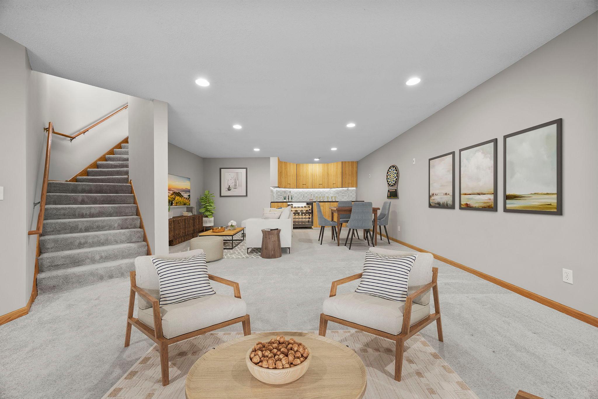Fully finished basement all set up and ready for you to make all your own (bar area virtually staged to envision the possibilities).