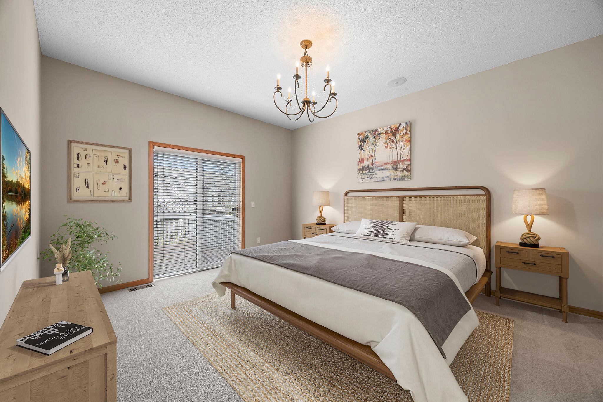 Main level Primary Bedroom walks out to private deck retreat. (virtually staged to envision the possibilities).