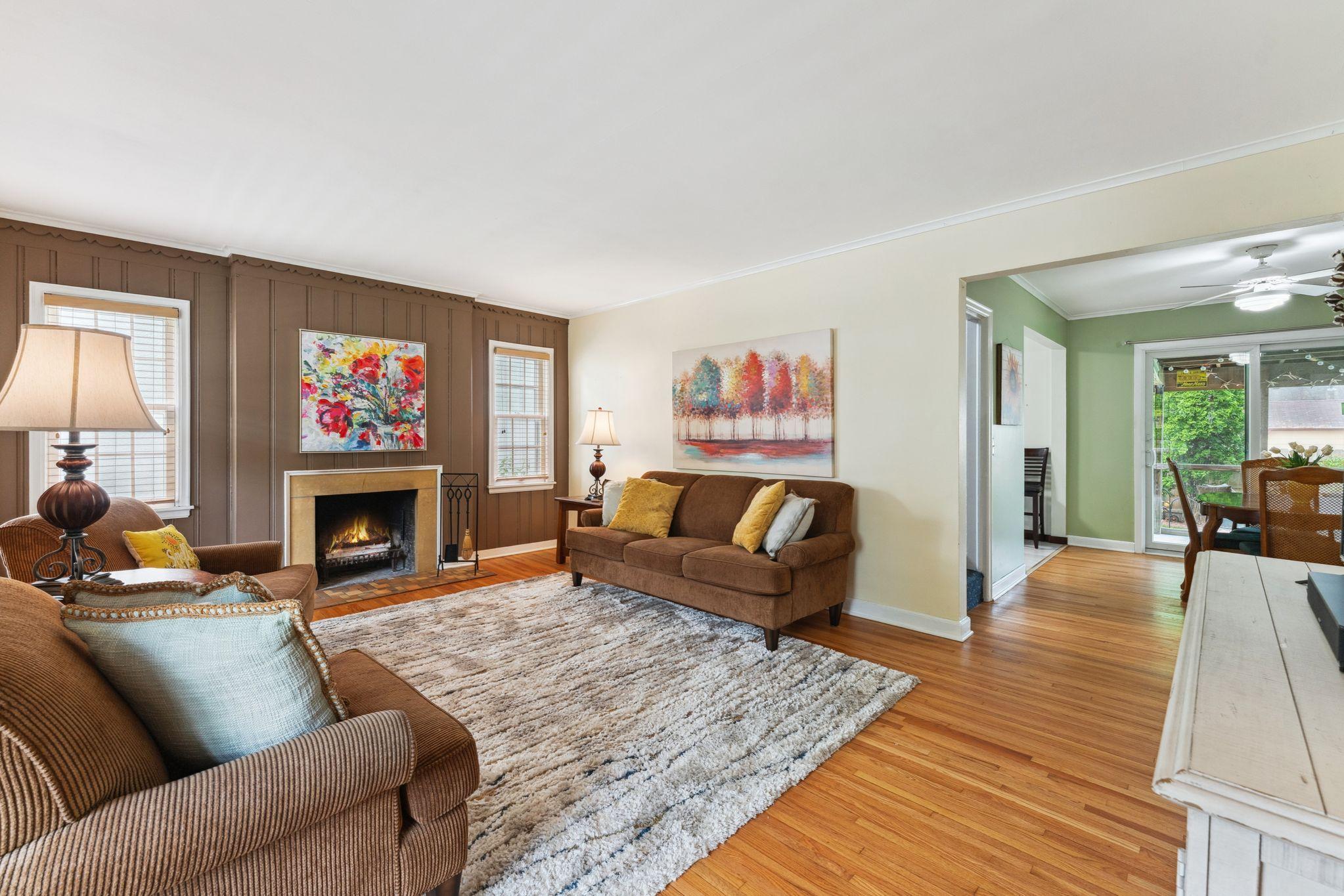 Front living room with wood burning fireplace
