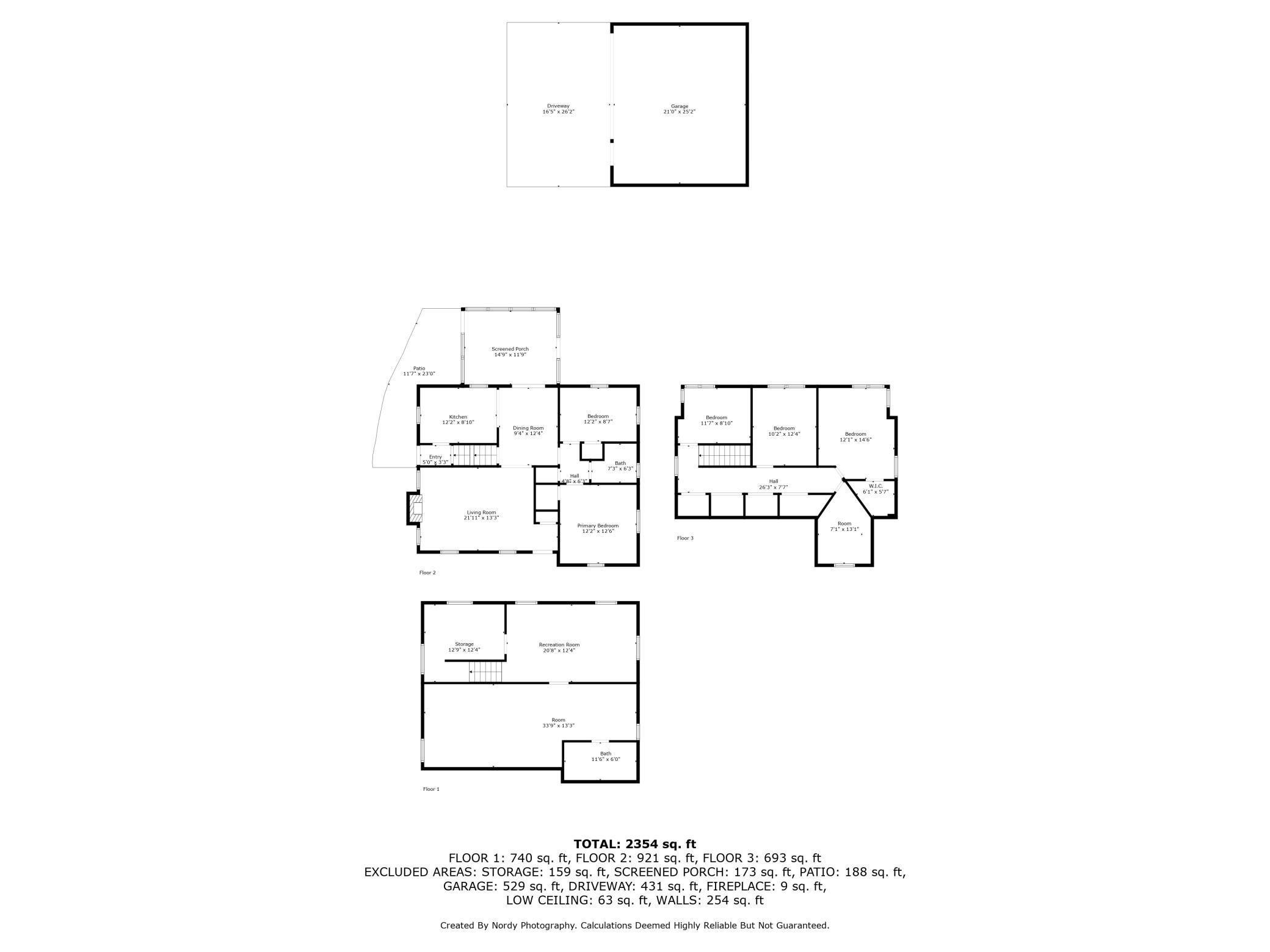 Floor plans of all levels of the home plus garage