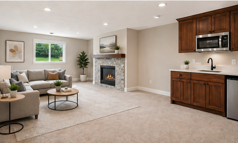 LL family room with fireplace and wetbar