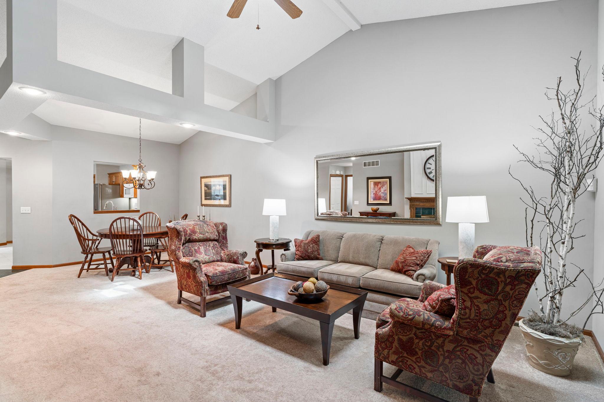 The great room can accommodate large gatherings with plenty of room for extra tables and furniture if needed.