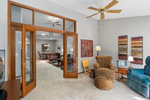 From the sunroom looking into the great room through the beautiful french doors and transom windows.