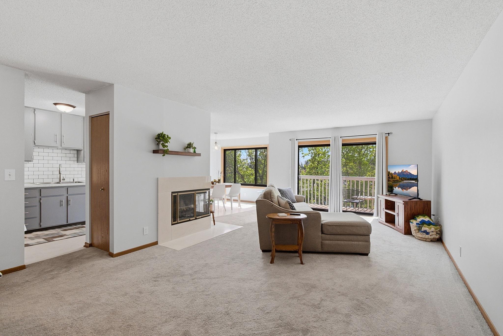 Living room and fireplace.