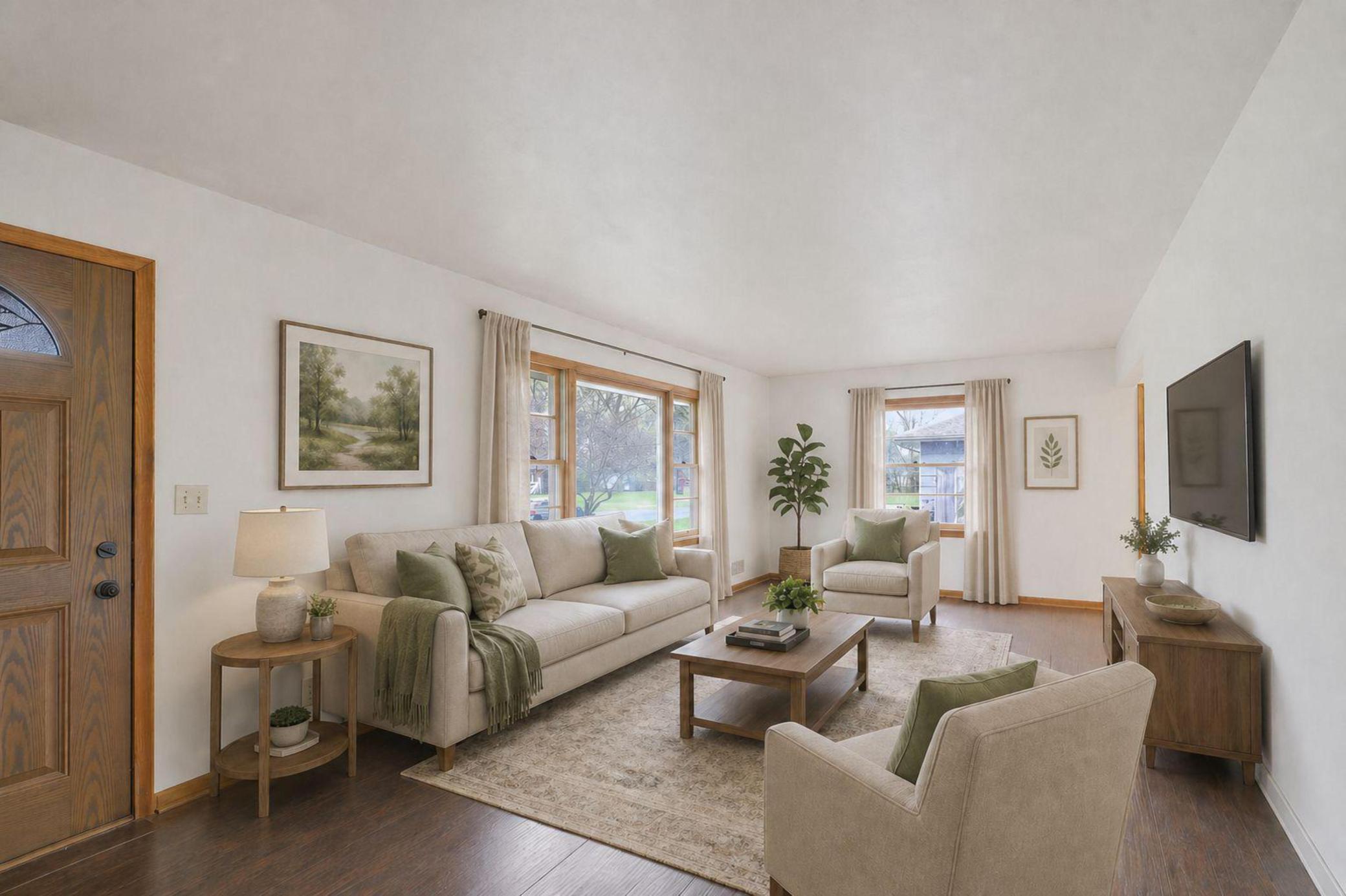Virtually staged living room that offers spacious enough for large gatherings.