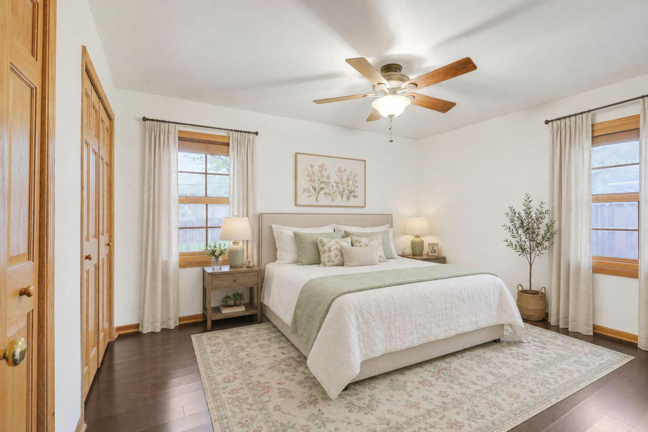 Large main level primary bedroom features beautiful flooring.