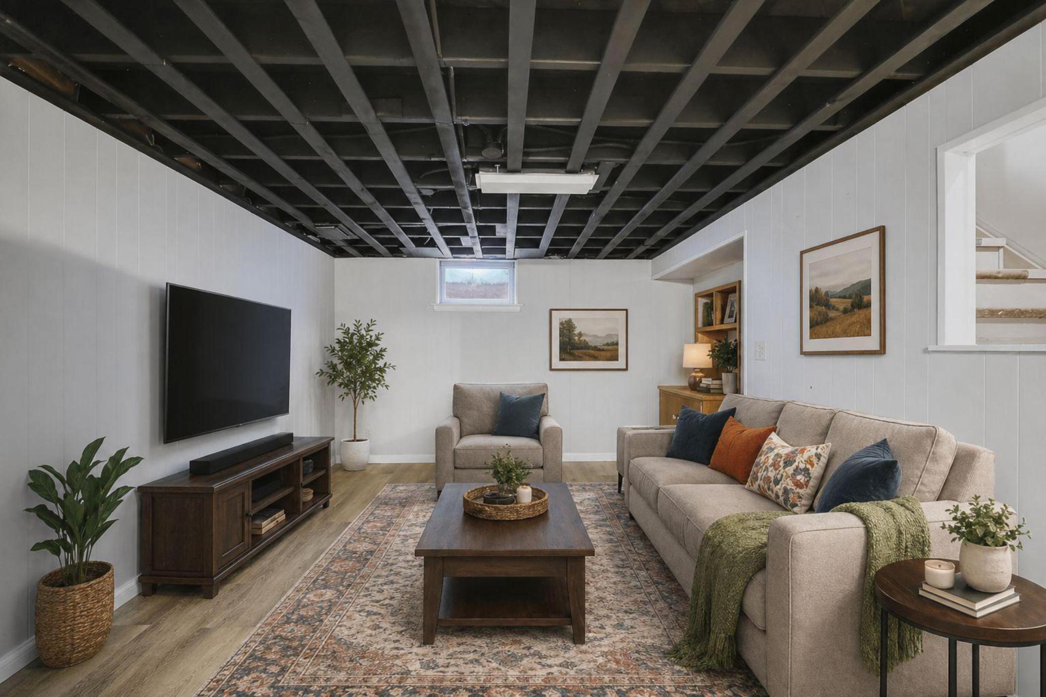 Virtually staged lower level family room. The brand new professionally sprayed ceiling gives it a really cool look.
