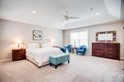 The luxurious primary suite is a true retreat, featuring a tray ceiling, oversized layout with separate sitting area, and several windows along multiple walls.