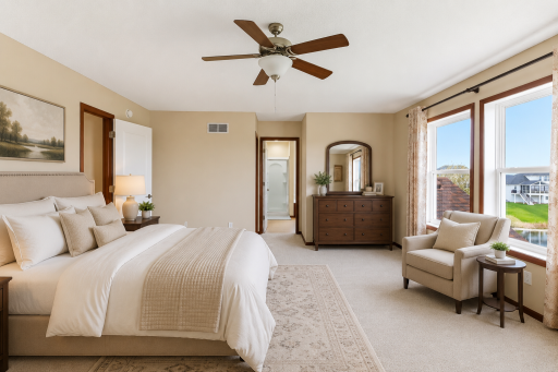 Spacious master bedroom with large picture windows and beautiful views -virtually staged